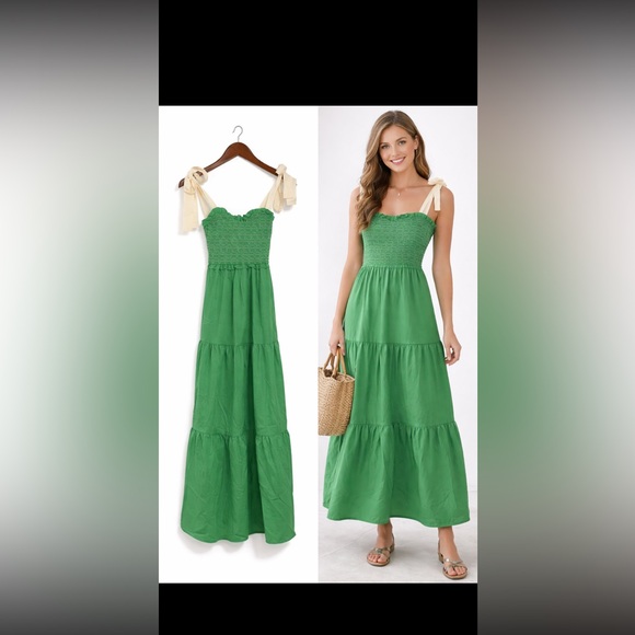 Dresses & Skirts - Green Smocked Maxi Dress Tie Strap Tiered Boho Summer Dress small